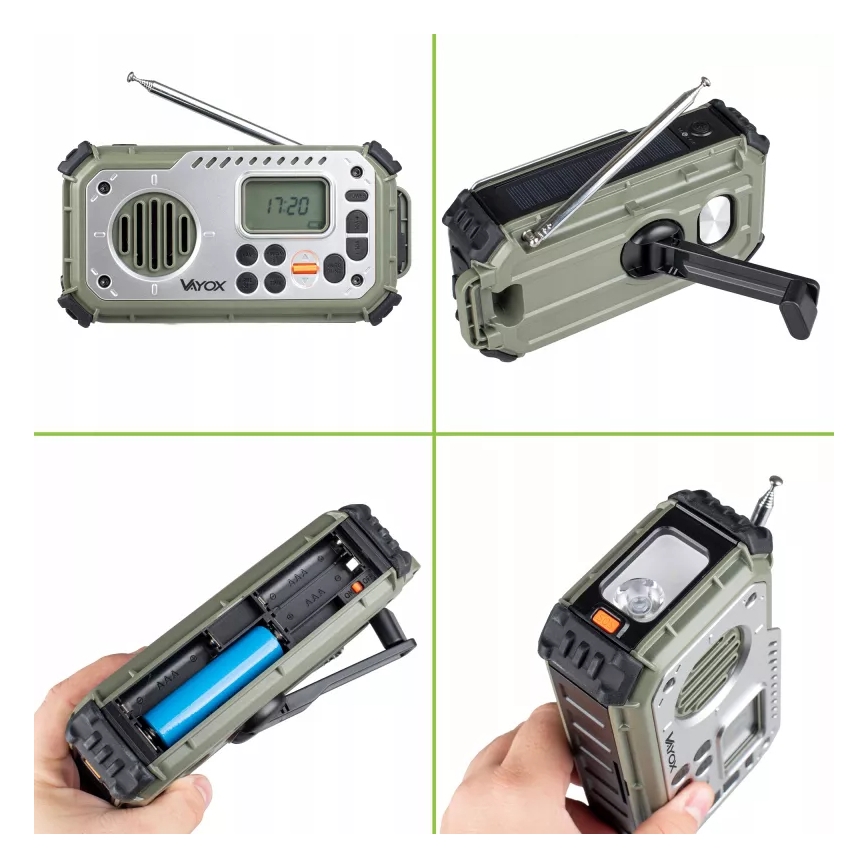 Radio kempingowe z korbką, panelem słonecznym i latarką LED pełniącą funkcję powerbanku 5V/3xAAA/2000 mAh IPX4 zielone