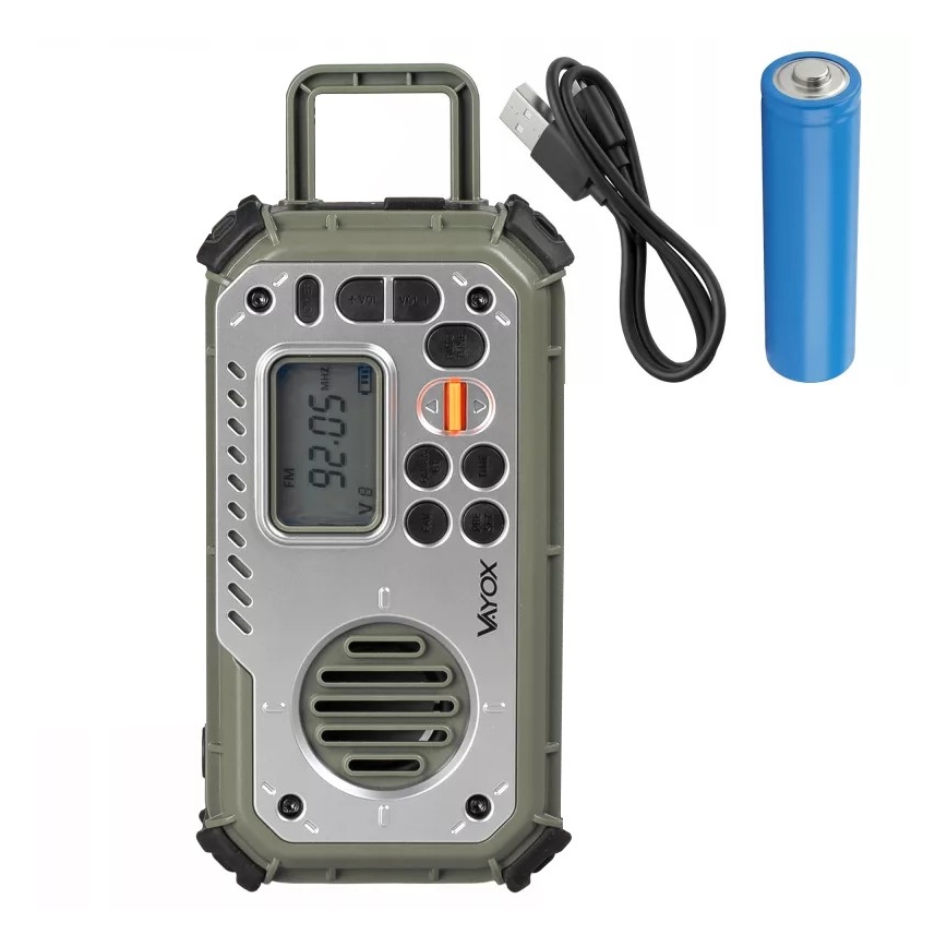 Radio kempingowe z korbką, panelem słonecznym i latarką LED pełniącą funkcję powerbanku 5V/3xAAA/2000 mAh IPX4 zielone