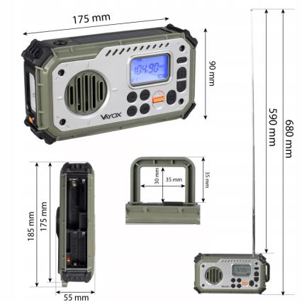 Radio kempingowe z korbką, panelem słonecznym i latarką LED pełniącą funkcję powerbanku 5V/3xAAA/2000 mAh IPX4 zielone