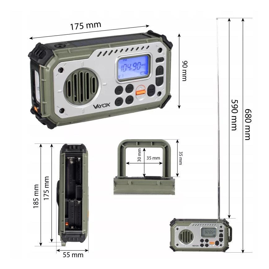 Radio kempingowe z korbką, panelem słonecznym i latarką LED pełniącą funkcję powerbanku 5V/3xAAA/2000 mAh IPX4 zielone