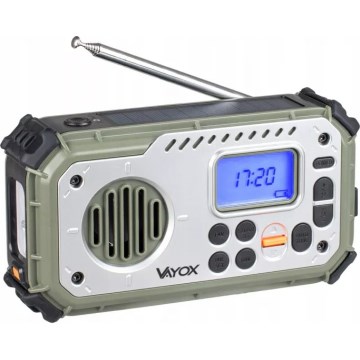 Radio kempingowe z korbką, panelem słonecznym i latarką LED pełniącą funkcję powerbanku 5V/3xAAA/2000 mAh IPX4 zielone