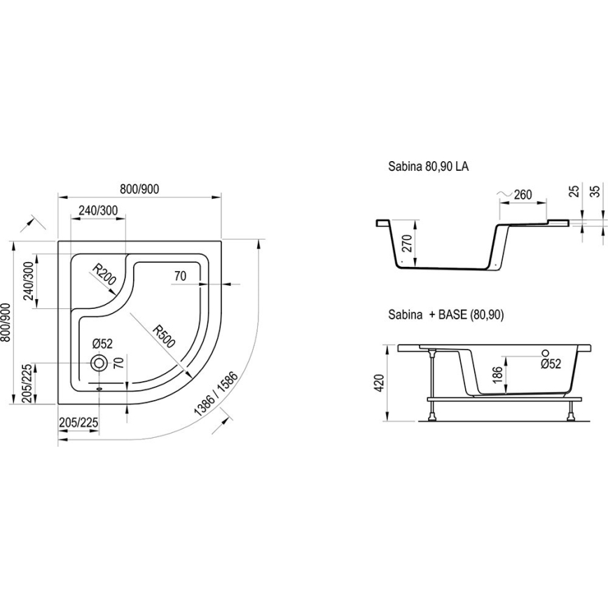 Ravak A217001020 - Brodzik prysznicowy ćwierćokrągły SABINA 90x90 cm biały
