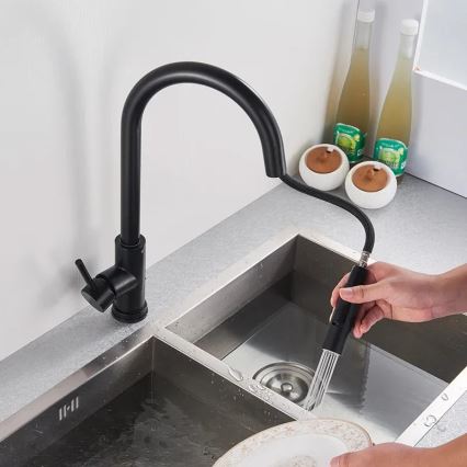 REA-B9147 - Bateria zlewozmywakowa FRESH z wyciąganą słuchawką, 39,5 cm, czarny mat