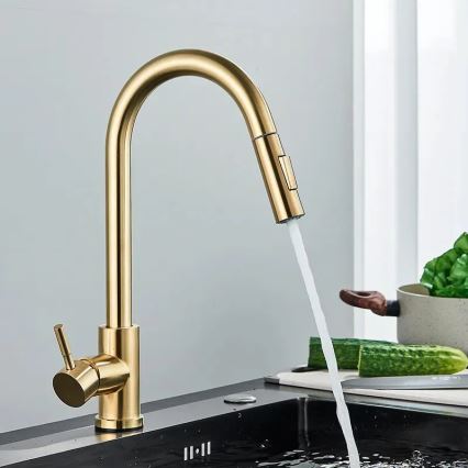 REA-B9148 - Bateria zlewozmywakowa z wysuwaną wylewką prysznicową FRESH 39,5 cm, szczotkowane złoto