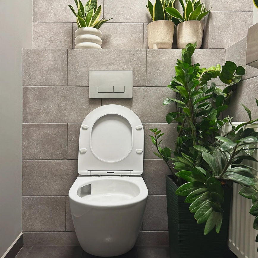REA-C1259 - Wisząca miska WC z deską sedesową CARLO MINI TORNADO RIMLESS, ceramika / biały połysk