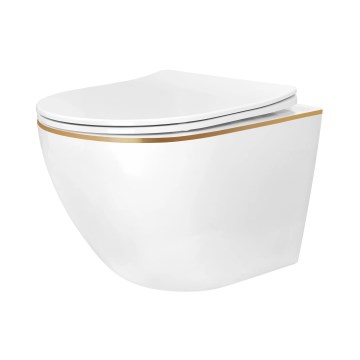 REA-C6806 - Wiszące WC z deską sedesową CARLO MINI TORNADO bezkołnierzowe ceramika/biały/złoty