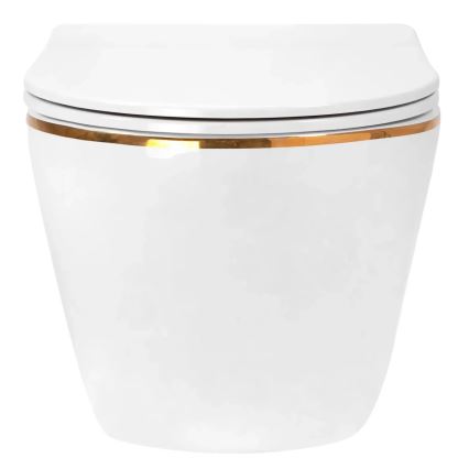 REA-C6806 - Wiszące WC z deską sedesową CARLO MINI TORNADO bezkołnierzowe ceramika/biały/złoty