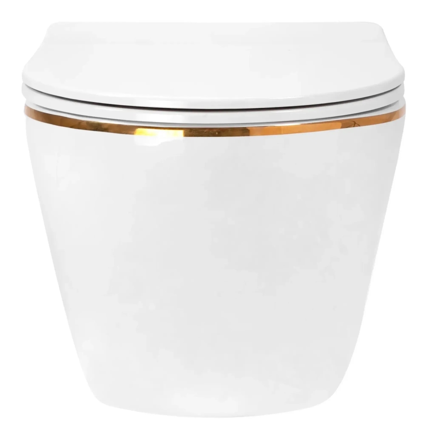 REA-C6806 - Wiszące WC z deską sedesową CARLO MINI TORNADO bezkołnierzowe ceramika/biały/złoty