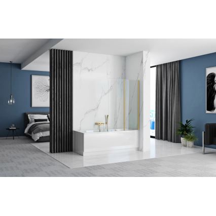 REA-K9777 - Składany parawan wannowy AGAT 140x100 cm, szczotkowane złoto/szkło przezroczyste