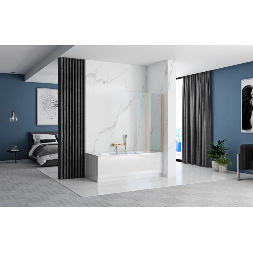 REA-K9777 - Składany parawan wannowy AGAT 140x100 cm, szczotkowane złoto/szkło przezroczyste