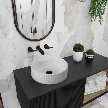 REA-U0601 - Umywalka nablatowa DELIA 36 cm błyszcząca biała/imitacja kamienia