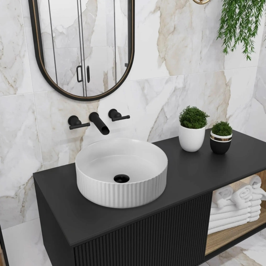 REA-U0601 - Umywalka nablatowa DELIA 36 cm błyszcząca biała/imitacja kamienia