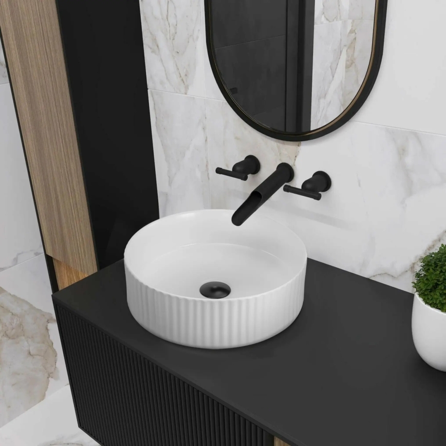 REA-U0601 - Umywalka nablatowa DELIA 36 cm błyszcząca biała/imitacja kamienia