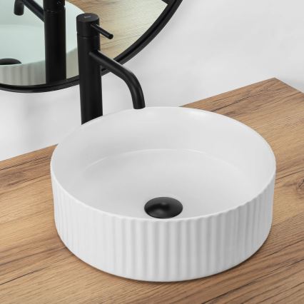 REA-U0601 - Umywalka nablatowa DELIA 36 cm błyszcząca biała/imitacja kamienia