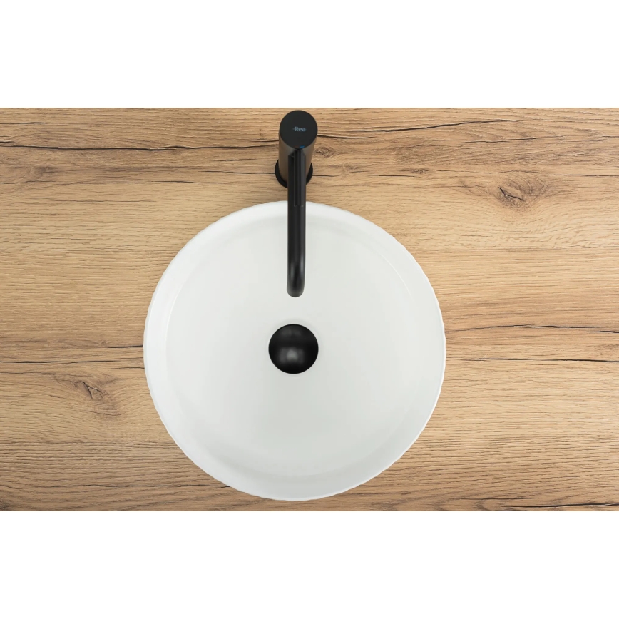 REA-U0601 - Umywalka nablatowa DELIA 36 cm błyszcząca biała/imitacja kamienia