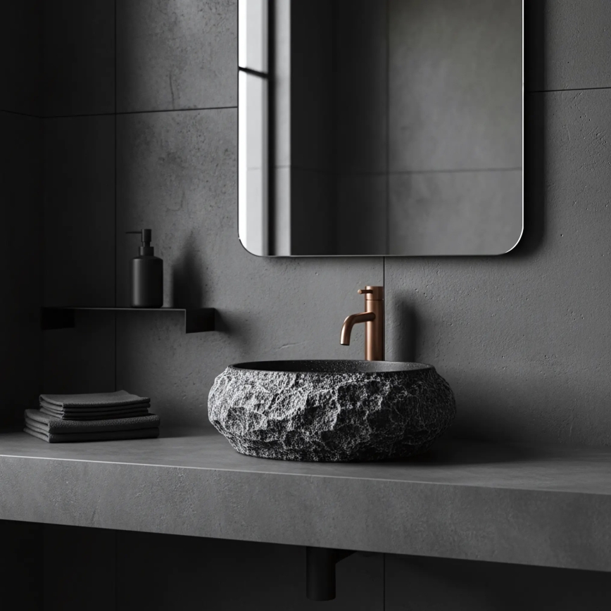REA-U0634 - Umywalka nablatowa MIKA GABRO 38x50 cm czarna/imitacja kamienia