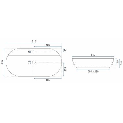 REA-U2541 - Umywalka nablatowa AURA 41x81 cm ceramika/biały połysk