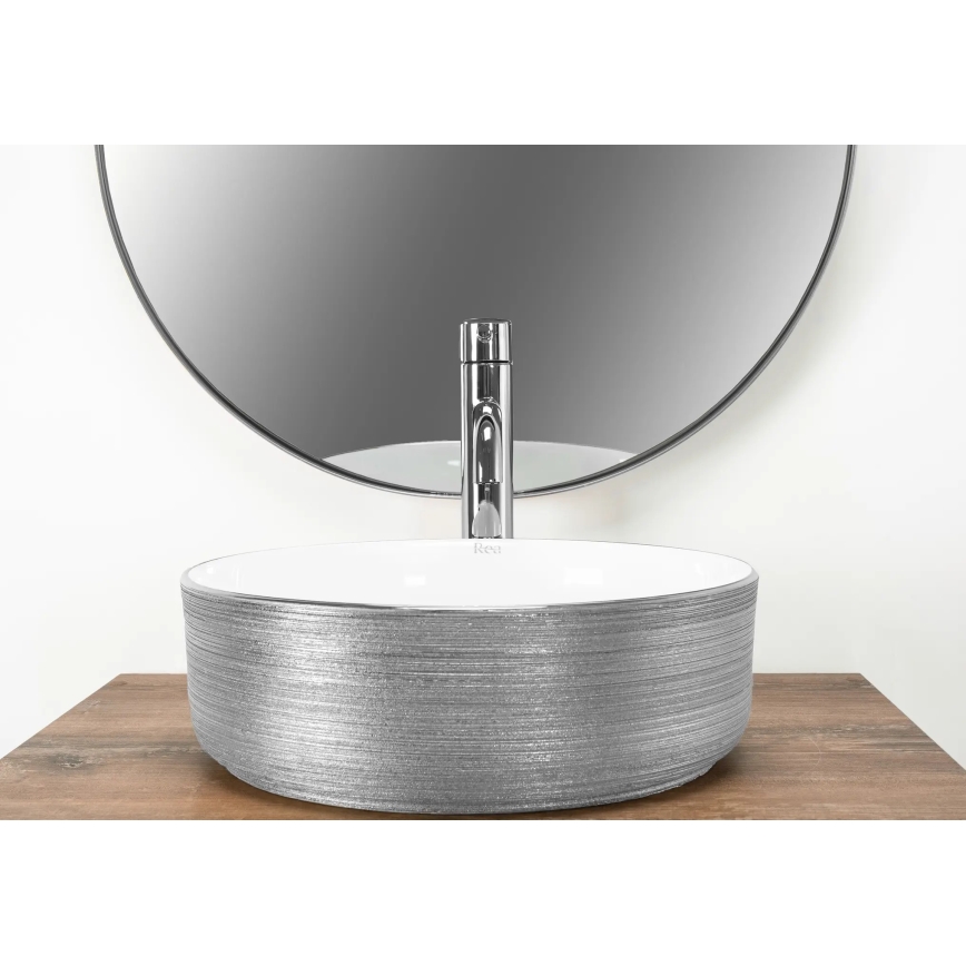 REA-U3304 - Umywalka nablatowa SAMI średnica 36 cm ceramika/biała/srebrna