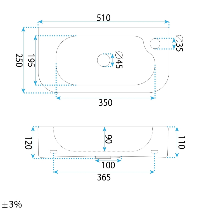 REA-U3610 - Umywalka nablatowa/zawieszana ODETTA 25x51 cm ceramika/biały połysk