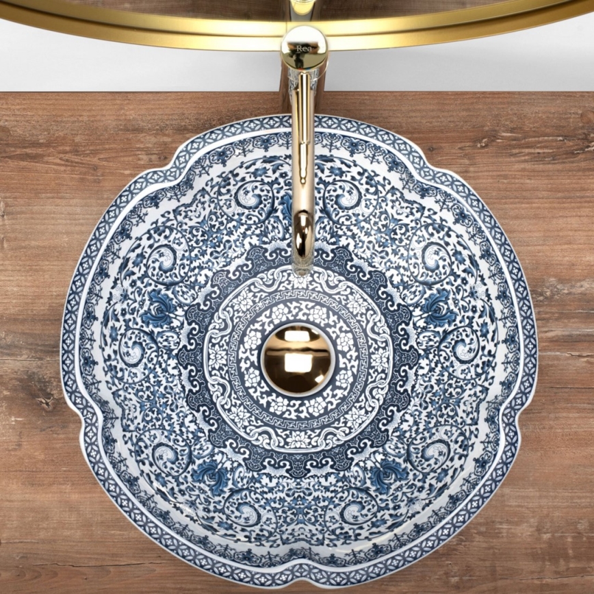 REA-U5666 - Umywalka nablatowa VIVIEN Ø 42,5 cm ceramika/wzór ornamentowy
