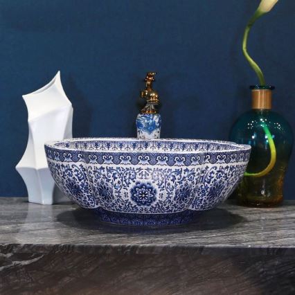 REA-U5666 - Umywalka nablatowa VIVIEN Ø 42,5 cm ceramika/wzór ornamentowy