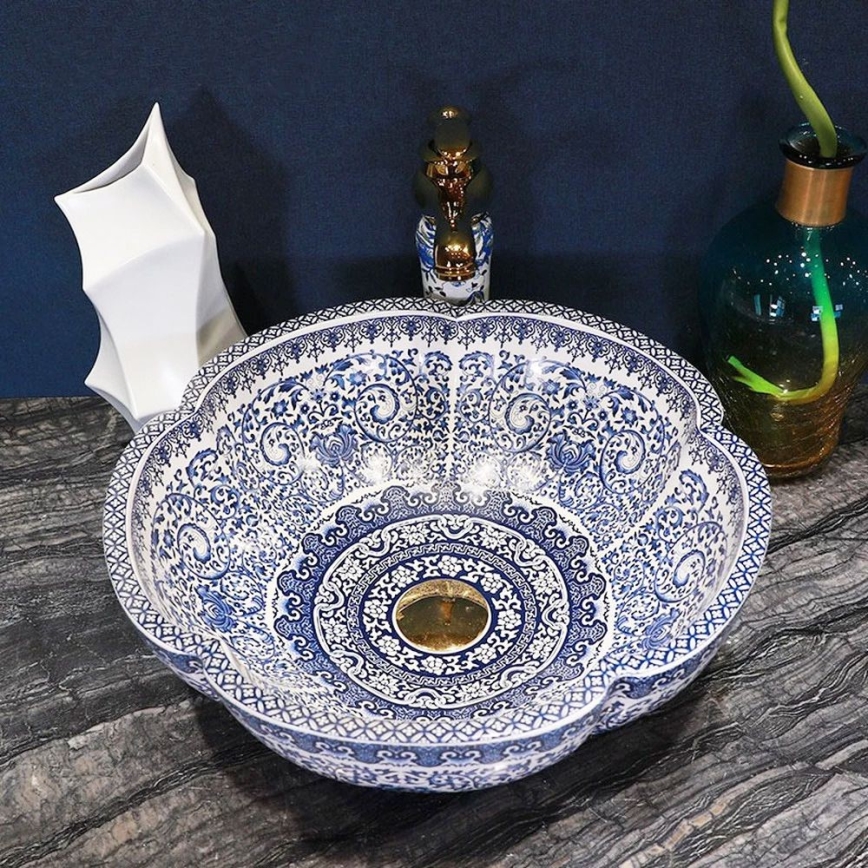 REA-U5666 - Umywalka nablatowa VIVIEN Ø 42,5 cm ceramika/wzór ornamentowy