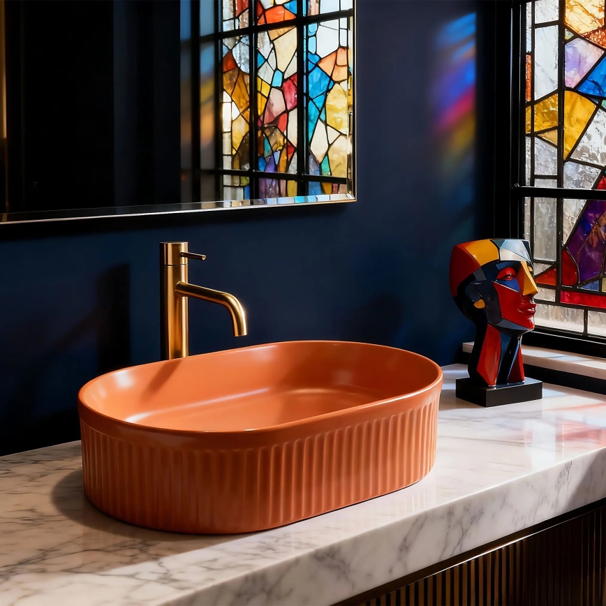 REA-U6377 - Umywalka nablatowa VANDA 31x49 cm ceramika/pomarańczowa