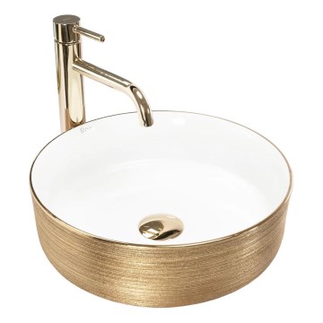 REA-U6630 - Umywalka nablatowa SAMI Ø 36 cm ceramika/biała/szczotkowane złoto