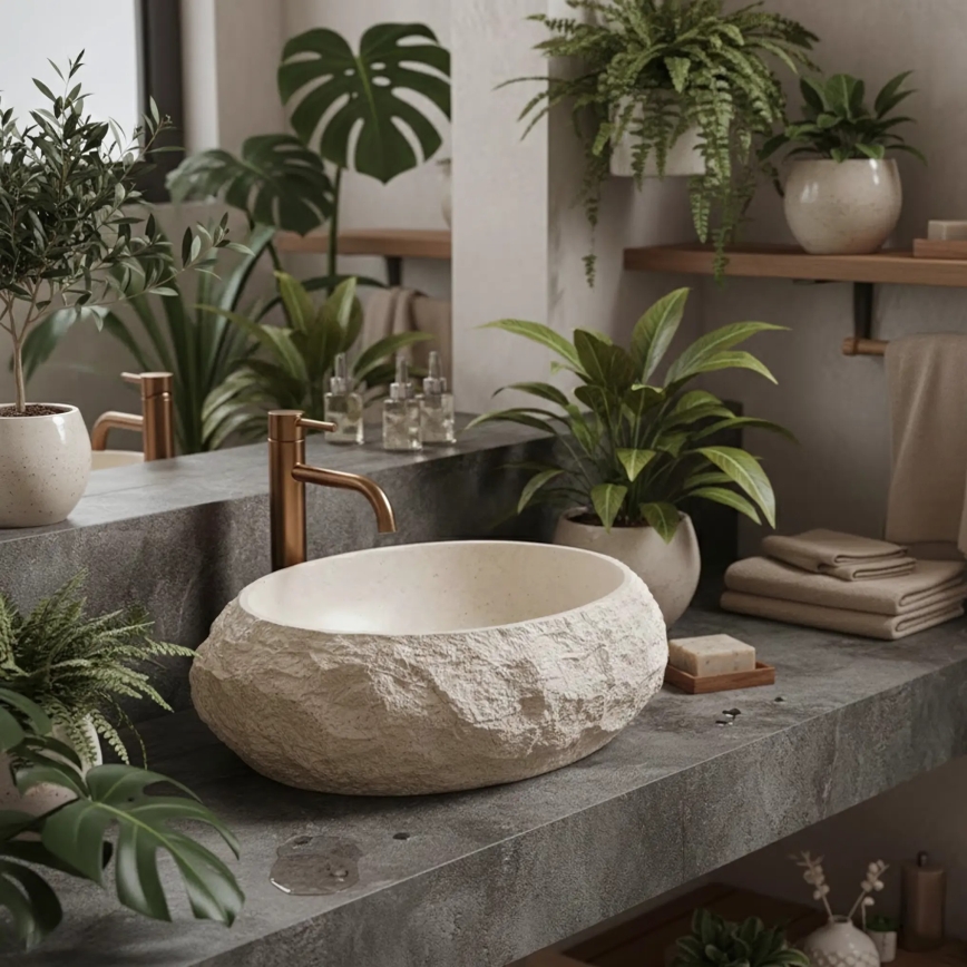 REA-U7347 - Umywalka nablatowa MIKA 38x50 cm beżowa/imitacja kamienia