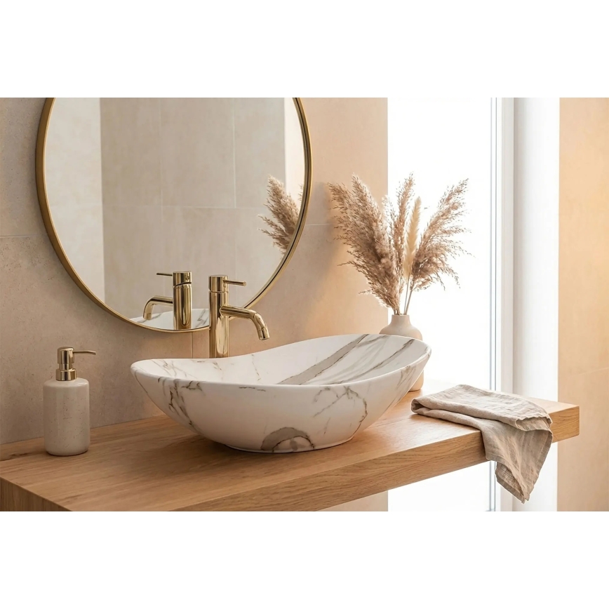 REA-U8598 - Umywalka nablatowa ROYAL 36x60,5 cm, ceramiczna z dekorem marmuru