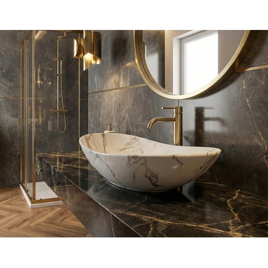 REA-U8598 - Umywalka nablatowa ROYAL 36x60,5 cm, ceramiczna z dekorem marmuru