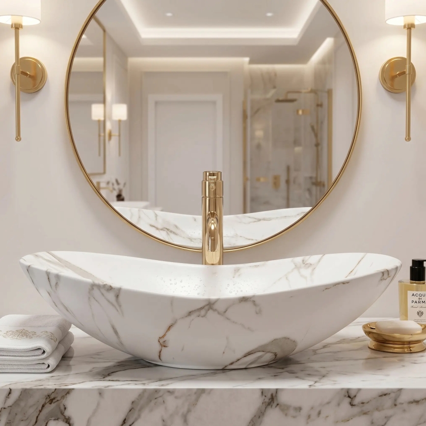 REA-U8598 - Umywalka nablatowa ROYAL 36x60,5 cm, ceramiczna z dekorem marmuru