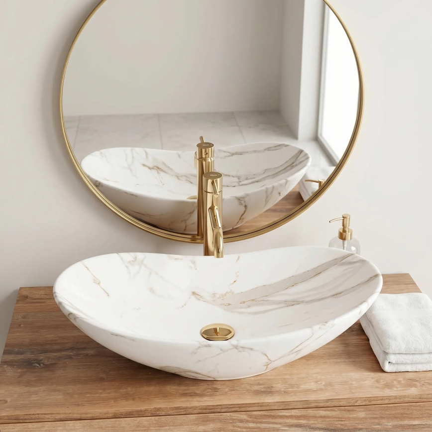 REA-U8598 - Umywalka nablatowa ROYAL 36x60,5 cm, ceramiczna z dekorem marmuru