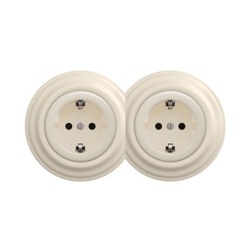 Reblig - Podwójne retro gniazdko ścienne z ramką SCHUKO 230V beżowe