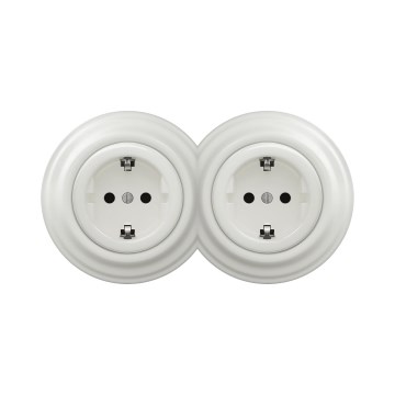 Reblig - Podwójne retro gniazdo domowe z ramką SCHUKO 230V, ceramiczne, białe