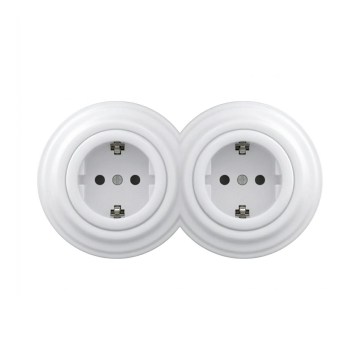 Reblig - Podwójne retro gniazdo ścienne z ramką SCHUKO 230 V, śnieżnobiałe