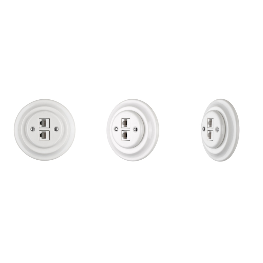Reblig - Porcelanowe retro gniazdo Ethernet z ramką, 2x CAT5e, białe