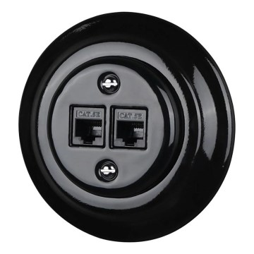 Reblig - Porcelanowe retro gniazdo Ethernet z ramką 2x CAT5e, czarne
