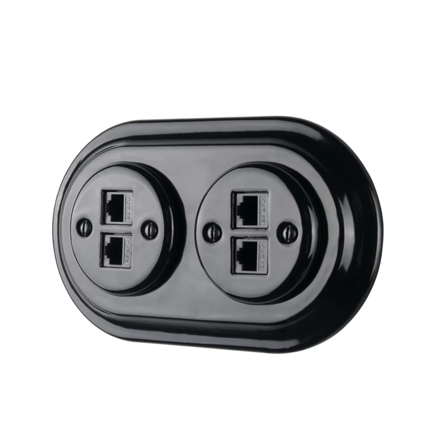 Reblig - Porcelanowe retro gniazdo Ethernet z ramką 2x CAT5e, czarne