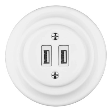 Reblig - Porcelanowe retro gniazdo zasilające USB z ramką, 2x USB-A, białe