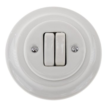 Reblig - Porcelanowy retro podwójny wyłącznik z ramką nr 6+6 biały