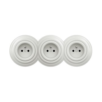 Reblig - Potrójne retro gniazdko domowe z ramką, 230V, ceramiczne, białe