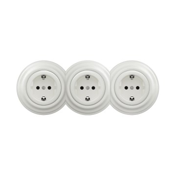 Reblig - Potrójne retro gniazdko domowe z ramką SCHUKO 230V, ceramiczna biel