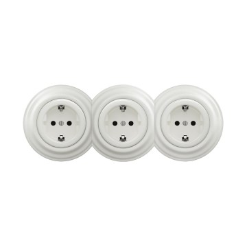 Reblig - Potrójne retro gniazdko domowe z ramką SCHUKO 230V, ceramiczne, białe