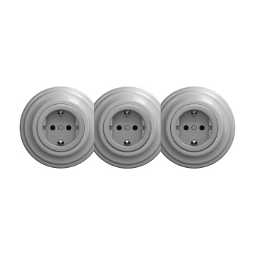 Reblig - Potrójne retro gniazdko domowe z ramką SCHUKO 230V szare