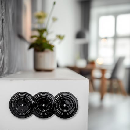 Reblig - Potrójne retro gniazdo domowe z ramką SCHUKO 230V czarne