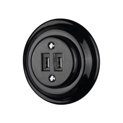 Reblig - Retro porcelanowe gniazdo zasilające USB z ramką 2xUSB-A czarne