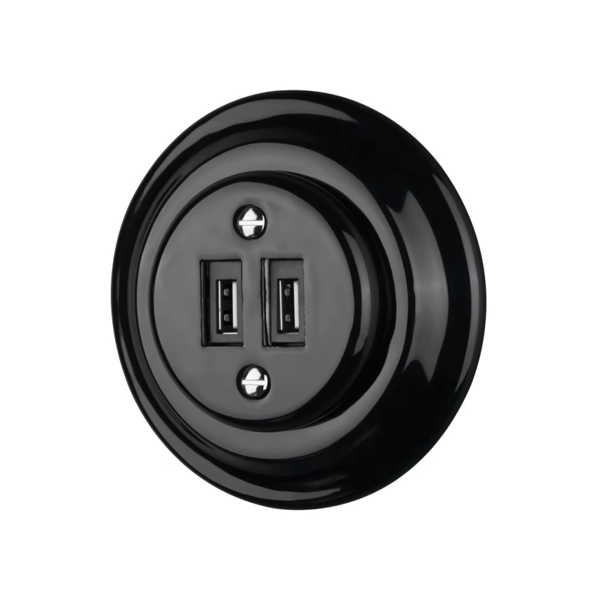 Reblig - Retro porcelanowe gniazdo zasilające USB z ramką 2xUSB-A czarne