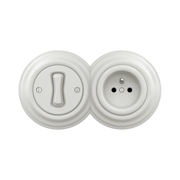 Reblig - Retro włącznik jednobiegunowy nr 1 i gniazdo 230 V z ramką, białe, ceramiczne
