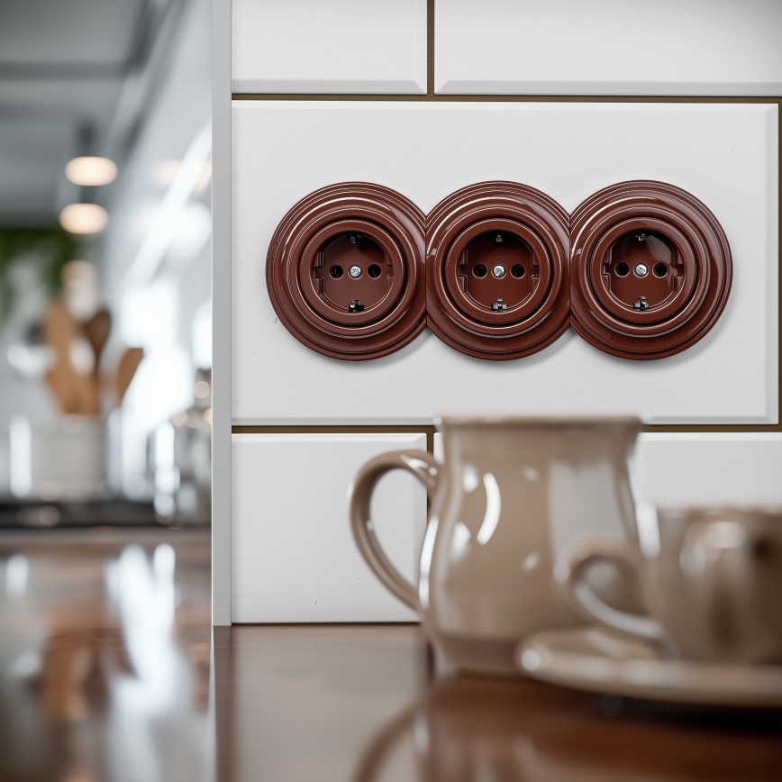 Reblig - Trójne retro gniazdo domowe z ramką SCHUKO 230V brązowe